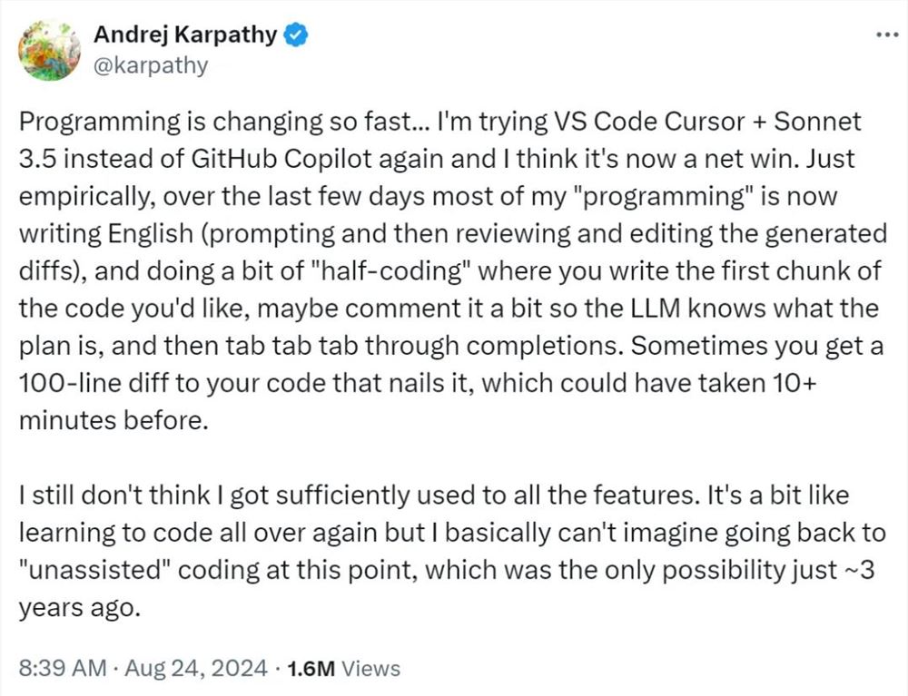 Karpathy狂赞AI代码神器Cursor，直言回不到3年前无辅助编码了，却被指「带货」