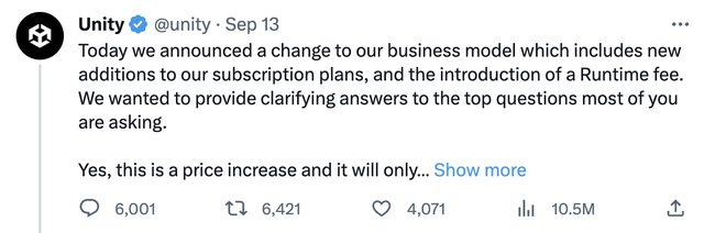 游戏越火越赔钱，Unity引擎收费新规引众怒，免费游戏开发者：欠的钱比一辈子挣的还多